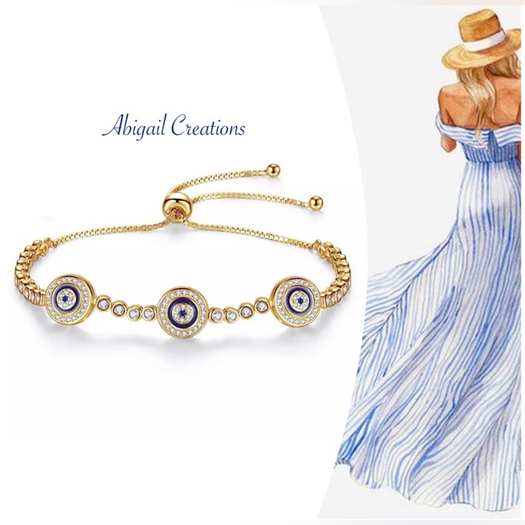 ABIGAIL CREATIONS 925 Sterling Silver CZ Evil Eye 🧿 Adjustable Bracelet - Picture 1 of 6